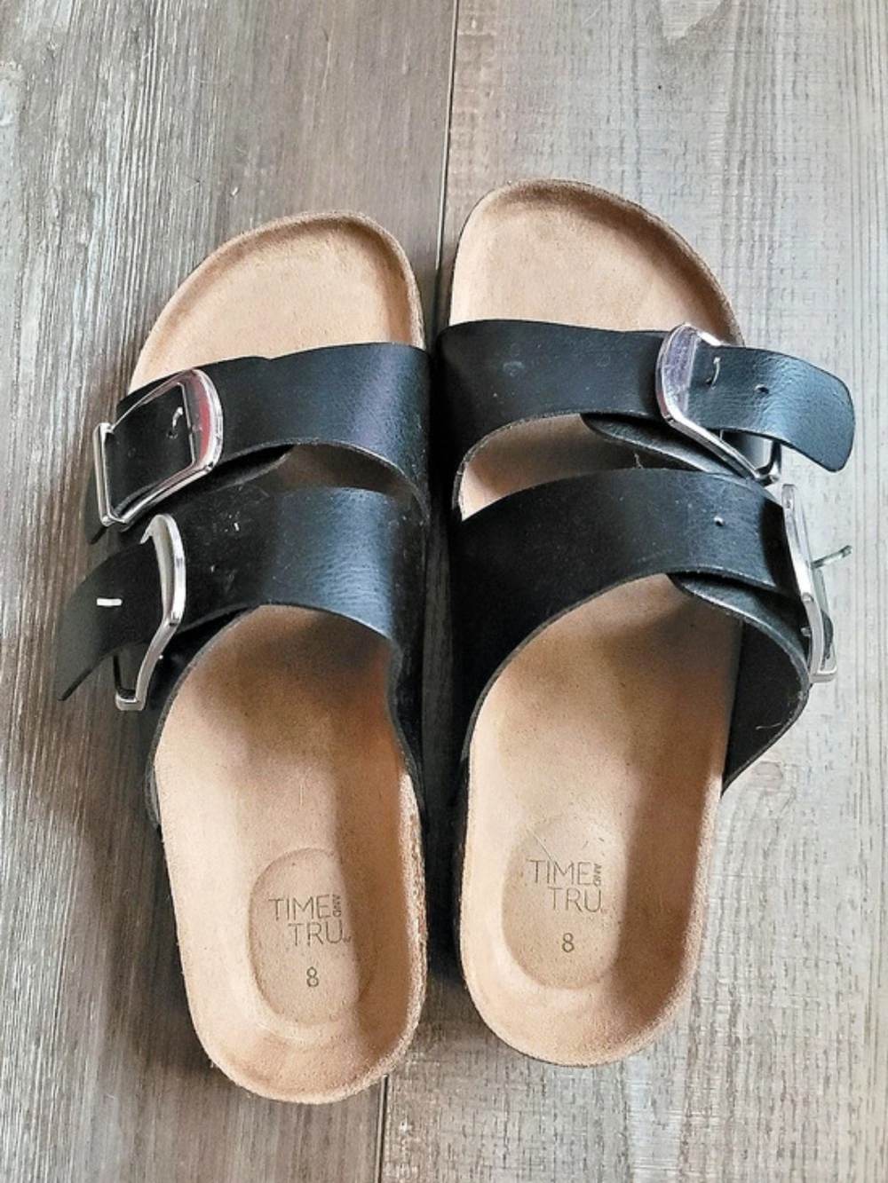 Time and Tru Women's Footbed Slide Sandals Black & Brown US 8